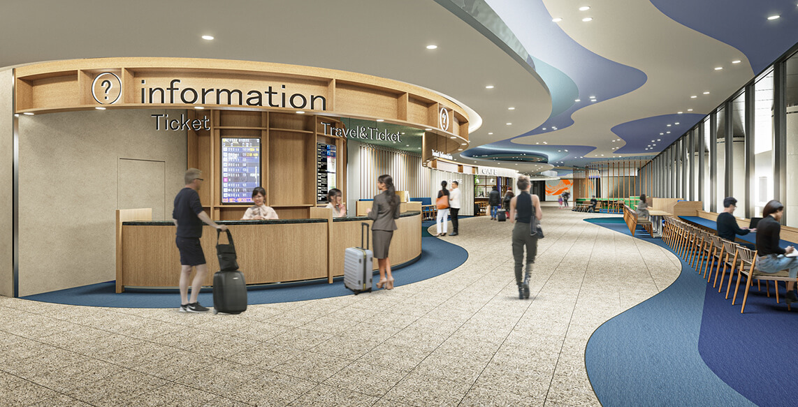 広島空港旅客ターミナルビルのチケットカウンターと待合室のイメージ